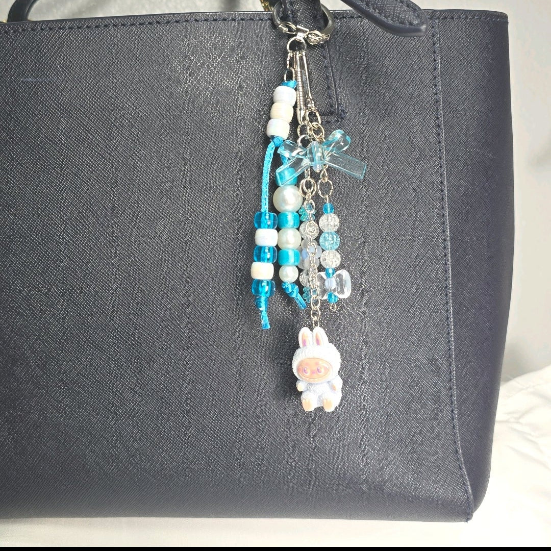 New Pastel Blue Labubu Inspired  Multi Strand Mixed Beaded Bag Charm Key Holder Keychain