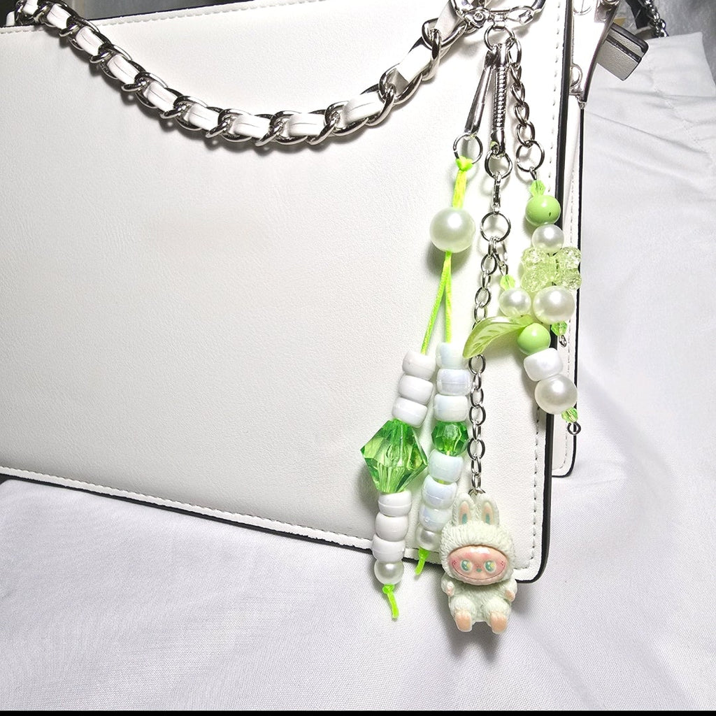 New Pastel Green Labubu Inspired  Multi Strand Mixed Beaded Bag Charm Key Holder Keychain
