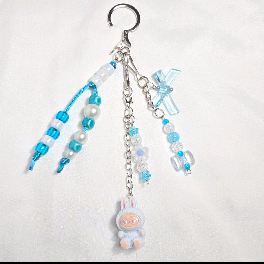 New Pastel Blue Labubu Inspired  Multi Strand Mixed Beaded Bag Charm Key Holder Keychain