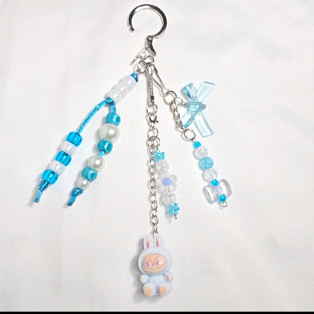 New Pastel Blue Labubu Inspired  Multi Strand Mixed Beaded Bag Charm Key Holder Keychain
