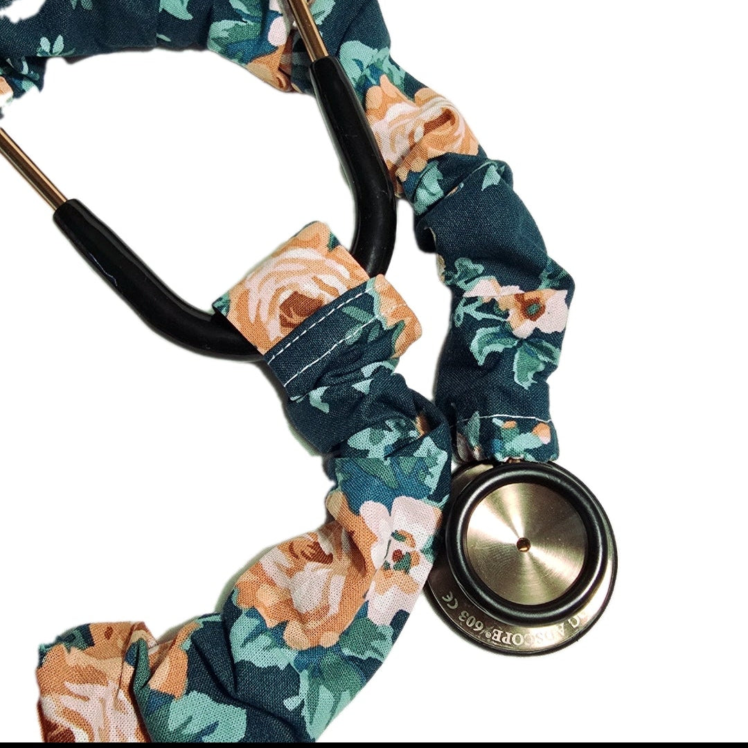 Handmade Green Floral  Washable Cotton Stethoscope Sleeve Cover