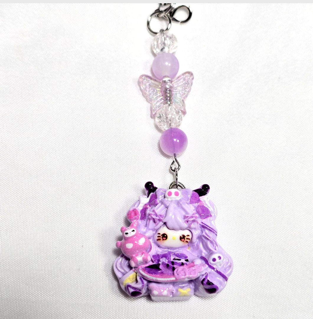 Whimsical Kawaii Beaded Purple Kitty Girl Keychain or Phone Bag Charm