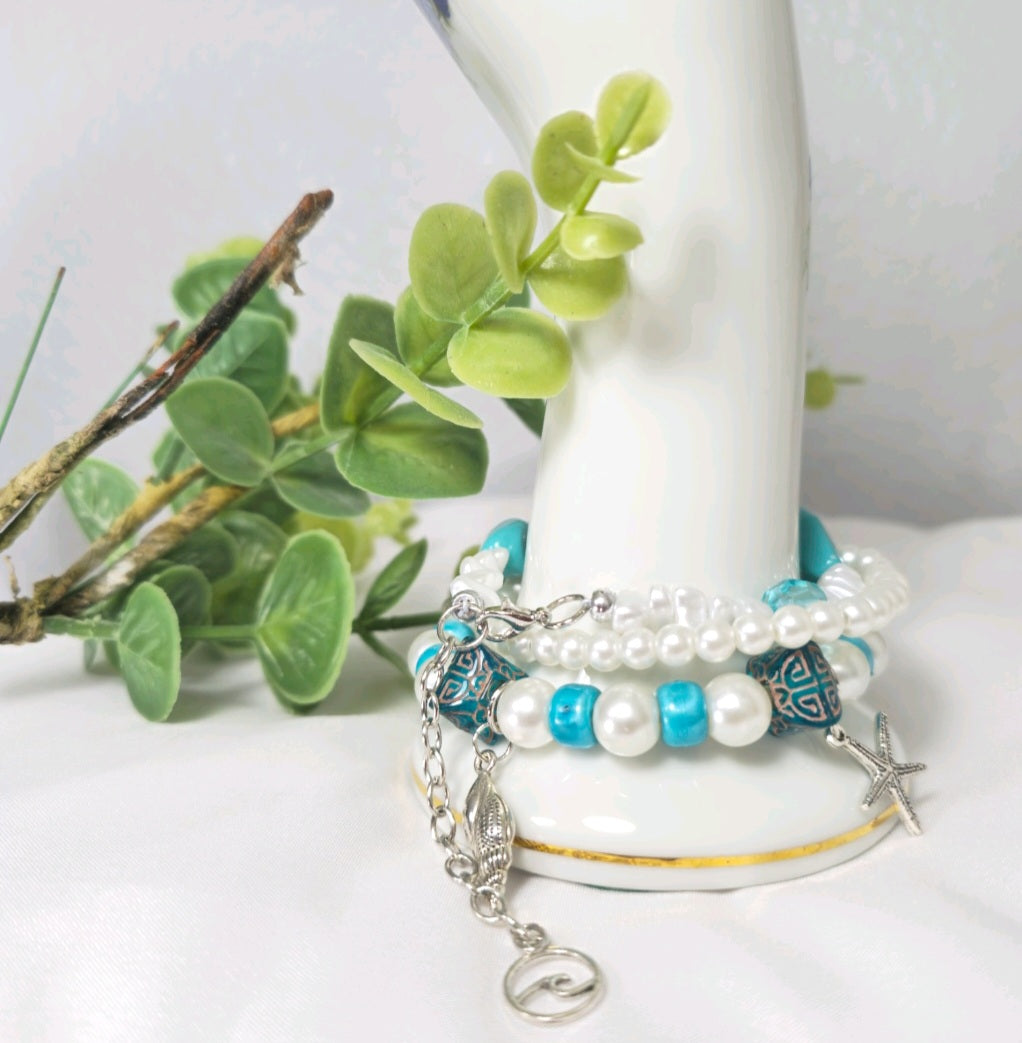 Ocean Life Beach Stackable White and Torquiose  Mixed Beaded Stretchy Bracelets
