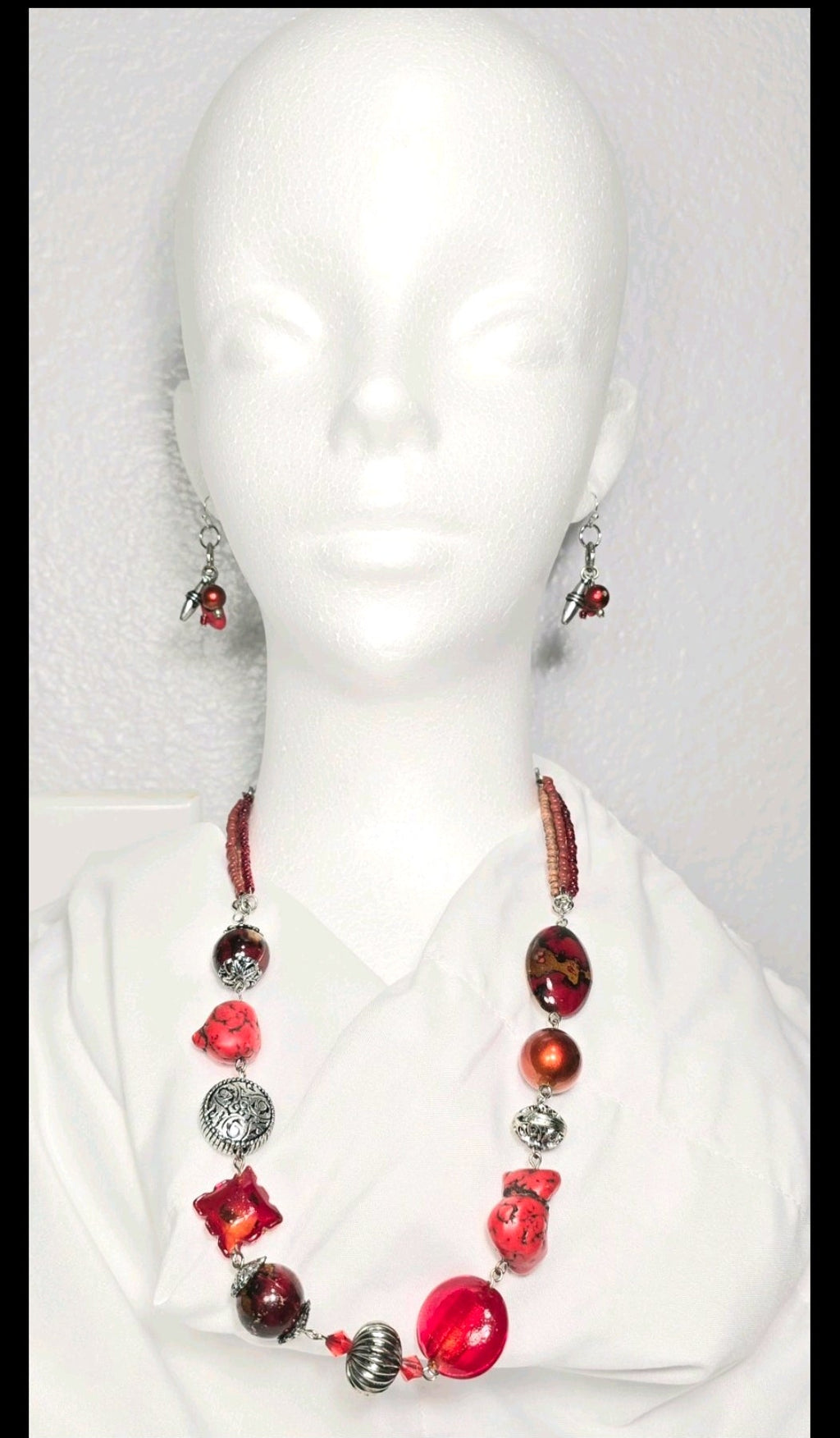 Upcycled Vintage Chicos Red Beaded Bohemian Preppy Y2K Jewelry Necklace Set