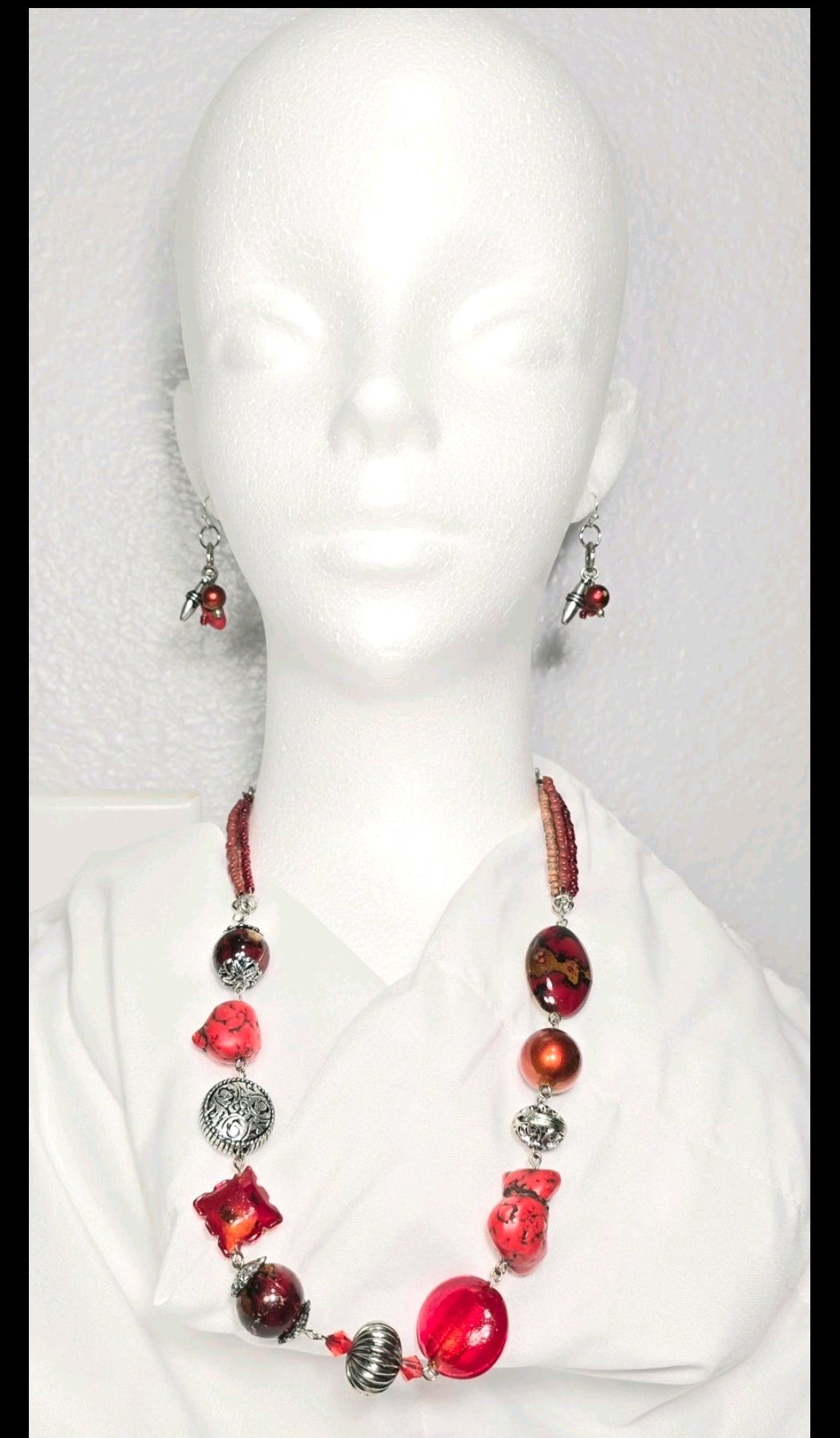 Upcycled Vintage Chicos Red Beaded Bohemian Preppy Y2K Jewelry Necklace Set