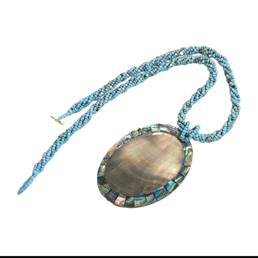 Vintage 18" Turquoise Beaded Necklace with Oval Abalone  Pendant