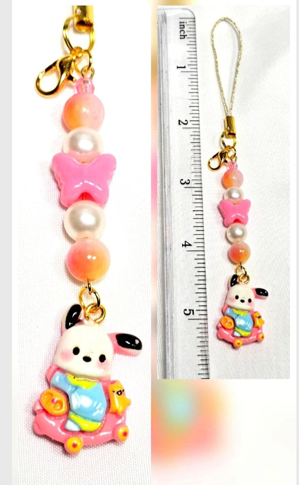 Cute Pink Pochacco Kawaii Beaded Key Chain or Phone Charm
