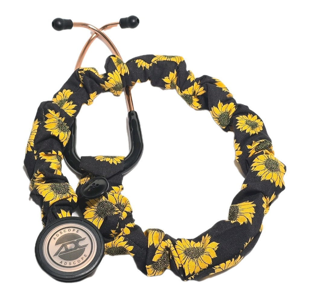 Sunflower Print Stethoscope Cover Scrunchie - Black & Yellow