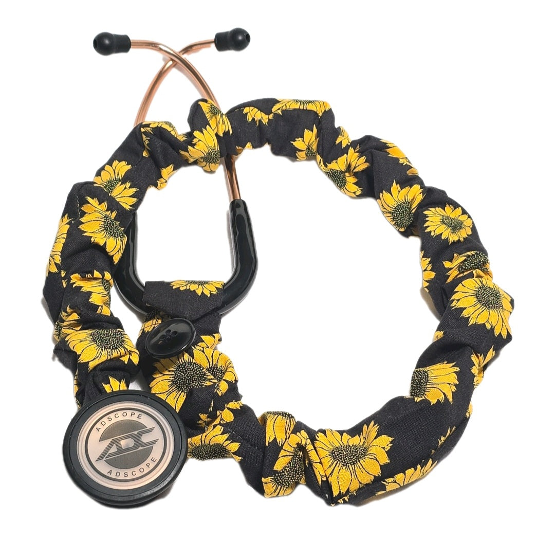 Sunflower Print Stethoscope Cover Scrunchie - Black & Yellow