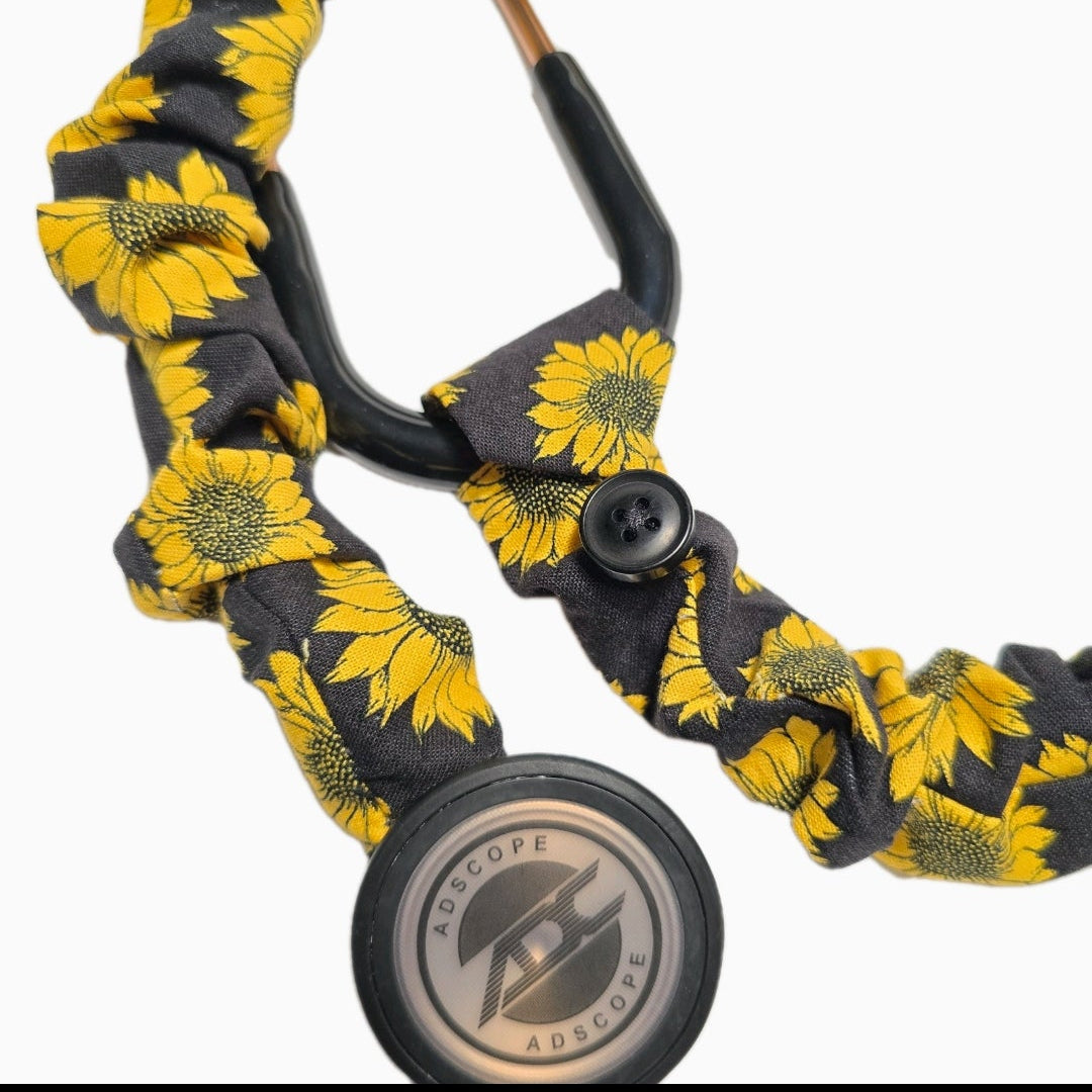 Sunflower Print Stethoscope Cover Scrunchie - Black & Yellow