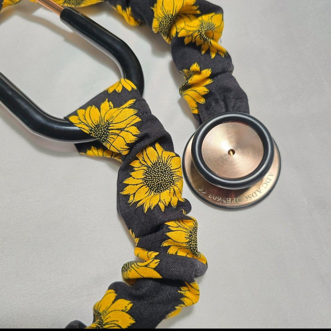 Sunflower Print Stethoscope Cover Scrunchie - Black & Yellow