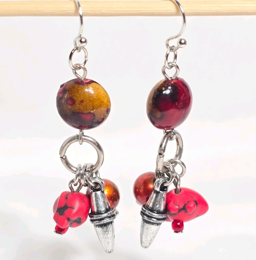 Red Bohemian Chic Rustic Mixed Beaded Statement Earrings. Southwestern Aesthetic