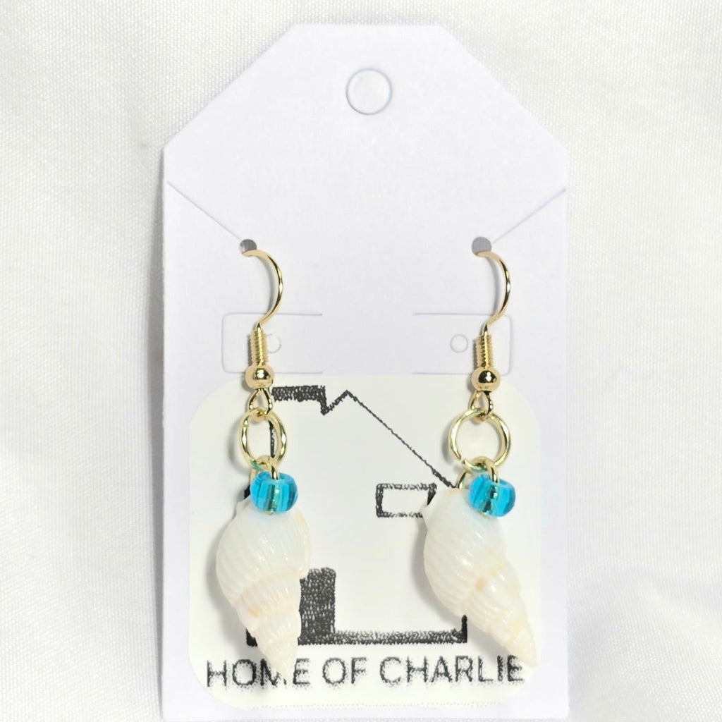 Natural shell earrings : coastal beach statement earrings with torquios glass bead on gold plated hook