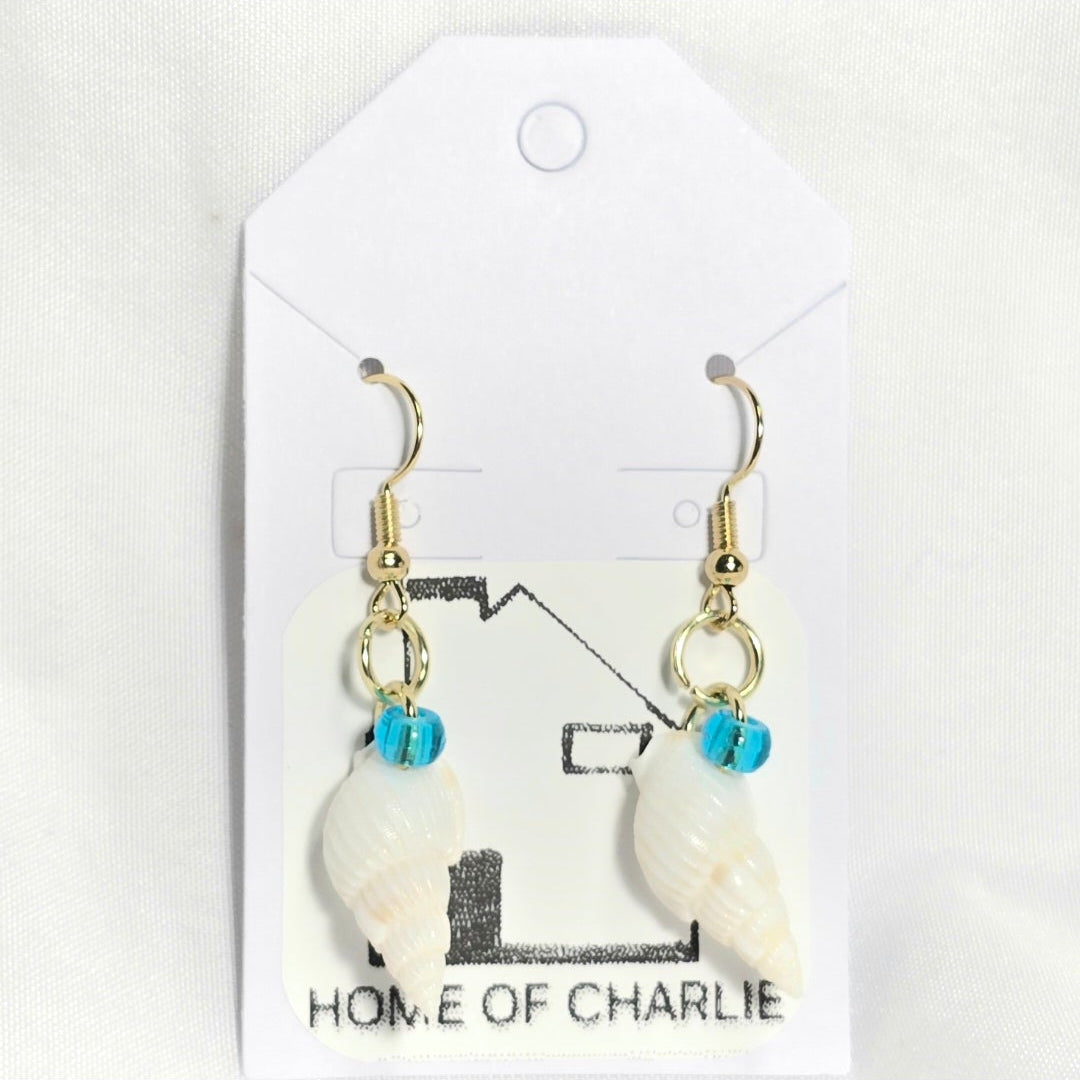 Natural shell earrings : coastal beach statement earrings with torquios glass bead on gold plated hook