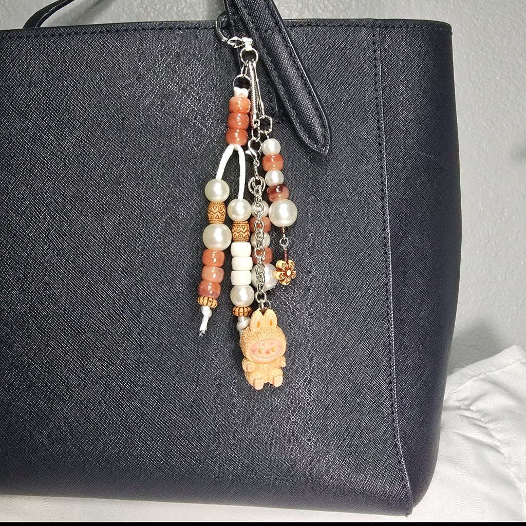 New Pastel Orange Labubu Inspired  Multi Strand Mixed Beaded Bag Charm Key Holder Keychain