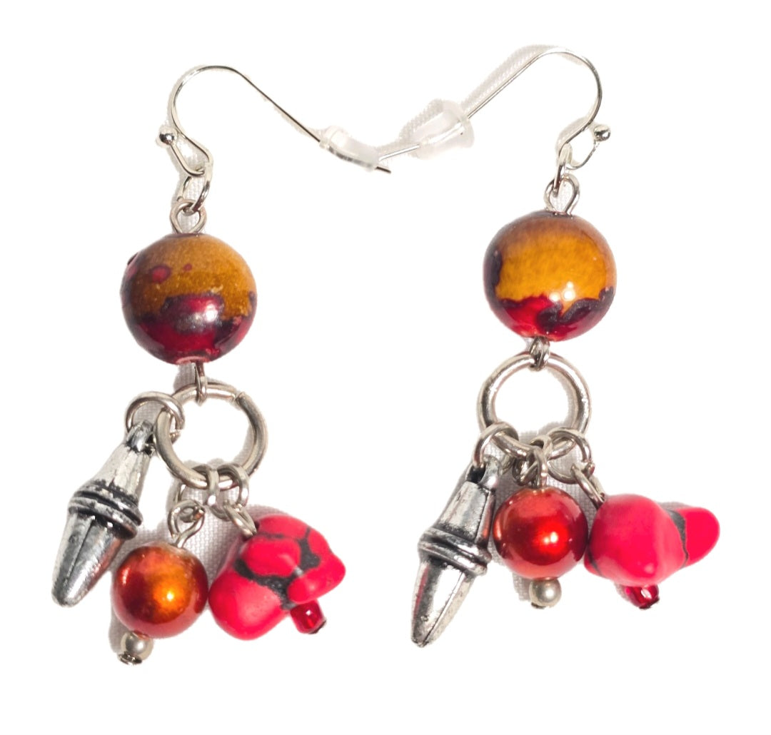 Red Bohemian Chic Rustic Mixed Beaded Statement Earrings. Southwestern Aesthetic