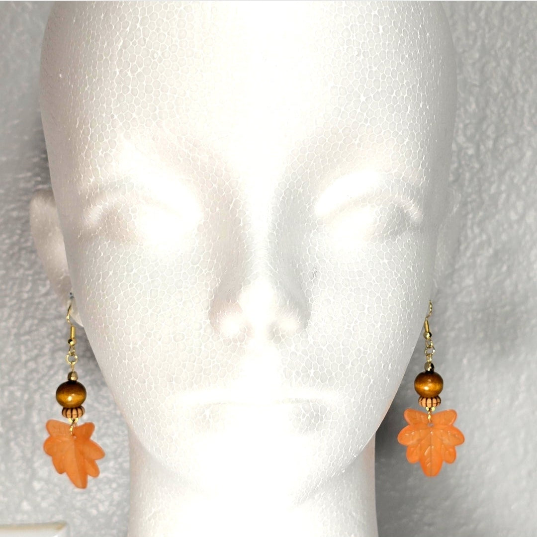Fall Orange Maple Leaf Dangle Earrings with Wooden Beads
