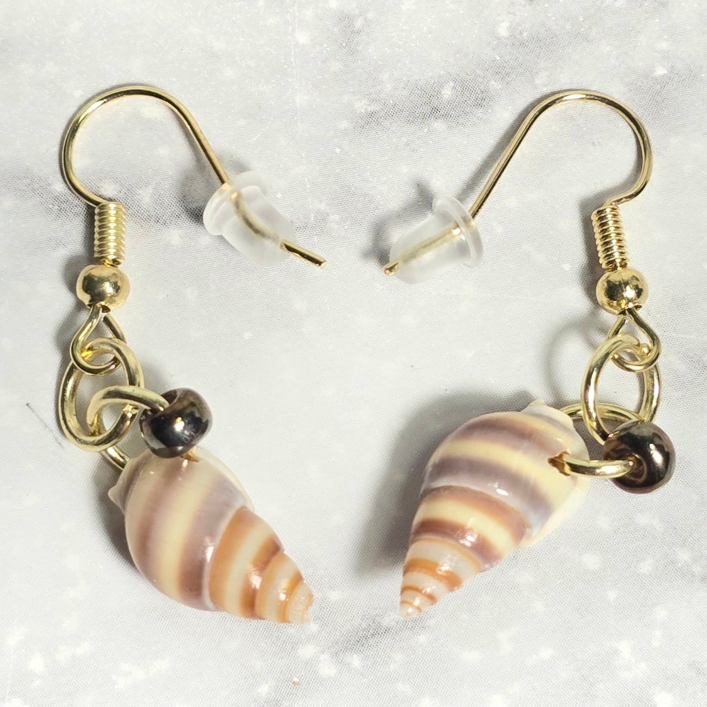 Natural shell earrings : coastal beach statement earrings with glass bead on gold plated hooks