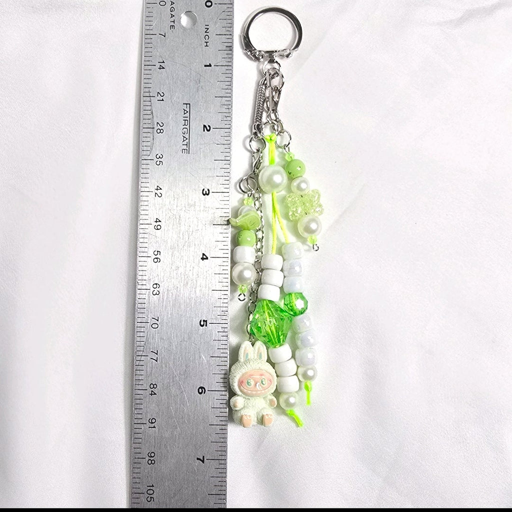New Pastel Green Labubu Inspired  Multi Strand Mixed Beaded Bag Charm Key Holder Keychain