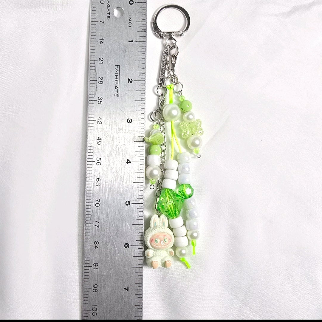 New Pastel Green Labubu Inspired  Multi Strand Mixed Beaded Bag Charm Key Holder Keychain