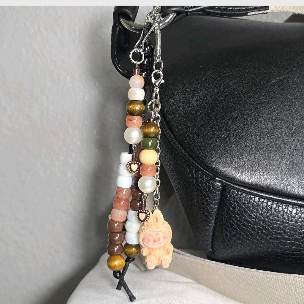 New Brown Labubu Inspired  Multi Strand Mixed Beaded Bag Charm Key Holder Keychain