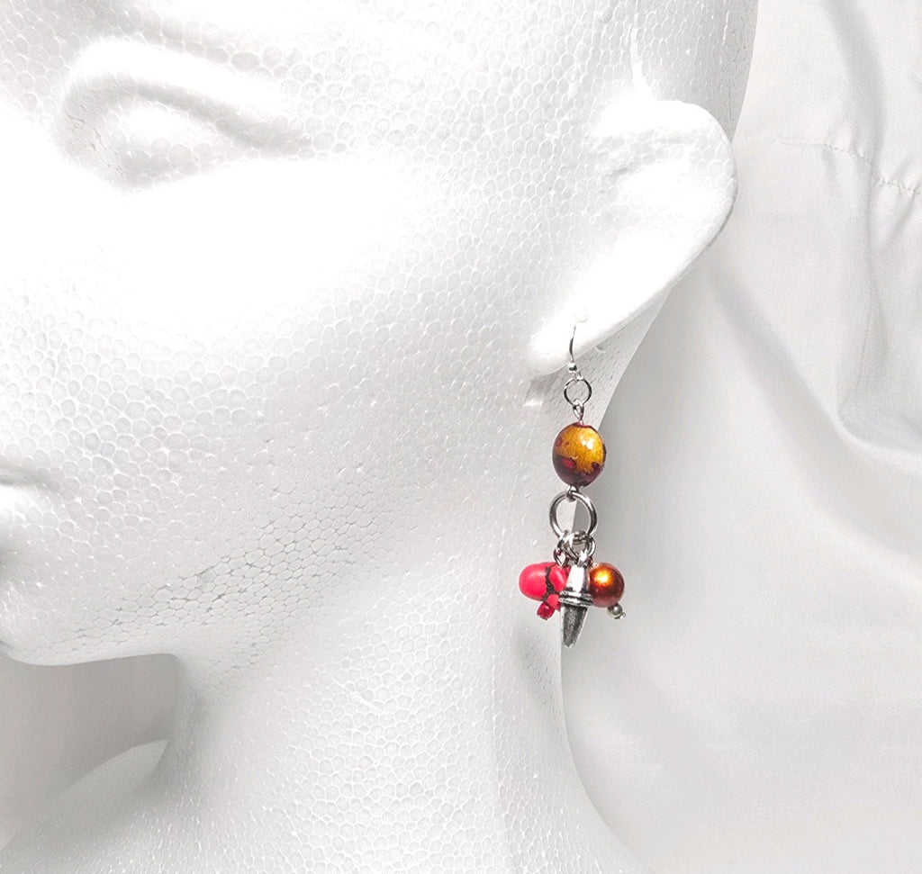 Red Bohemian Chic Rustic Mixed Beaded Statement Earrings. Southwestern Aesthetic