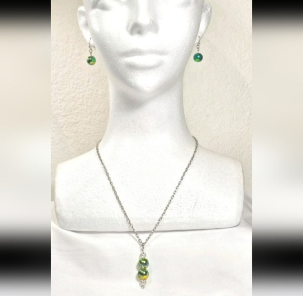 Aqua Blue Yellow Swirl Glass Bead Necklace Earring Set, Murano Style Jewelry