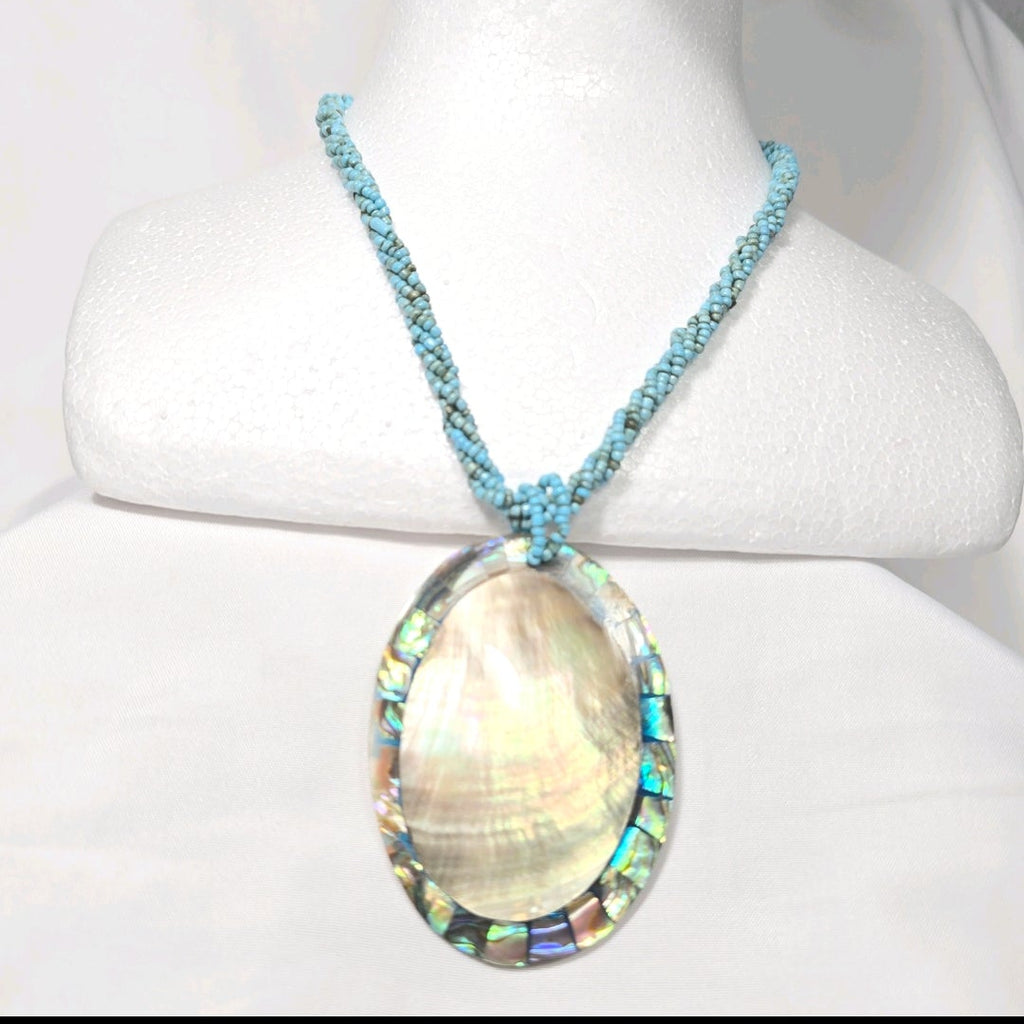 Vintage 18" Turquoise Beaded Necklace with Oval Abalone  Pendant