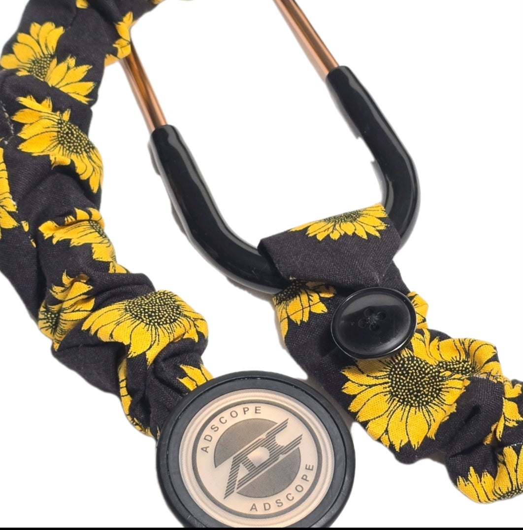 Sunflower Print Stethoscope Cover Scrunchie - Black & Yellow