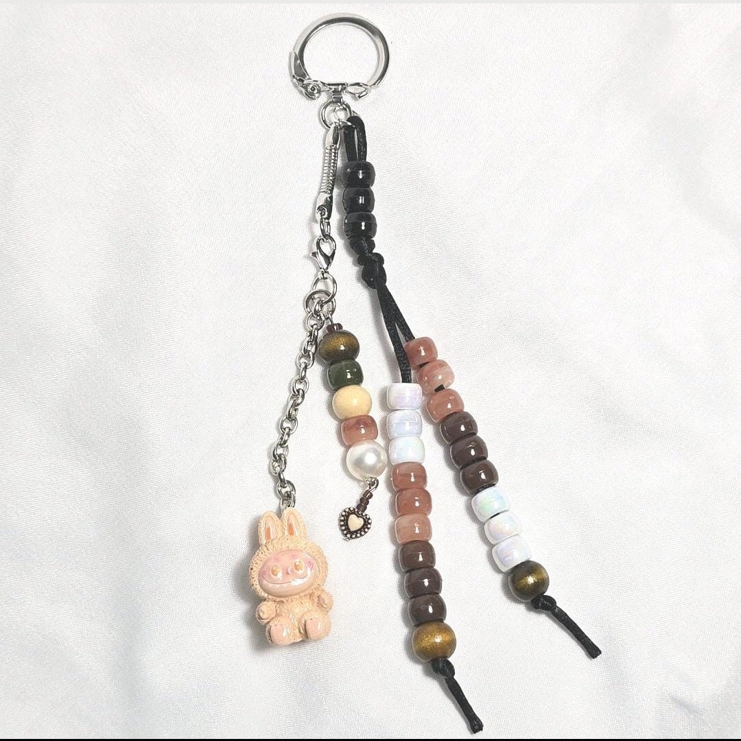 New Brown Labubu Inspired  Multi Strand Mixed Beaded Bag Charm Key Holder Keychain