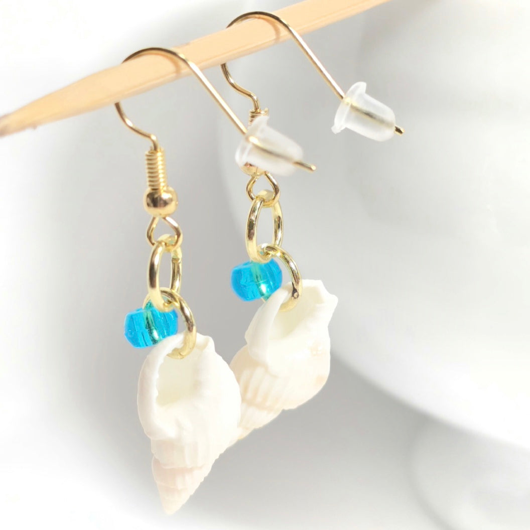 Natural shell earrings : coastal beach statement earrings with torquios glass bead on gold plated hook