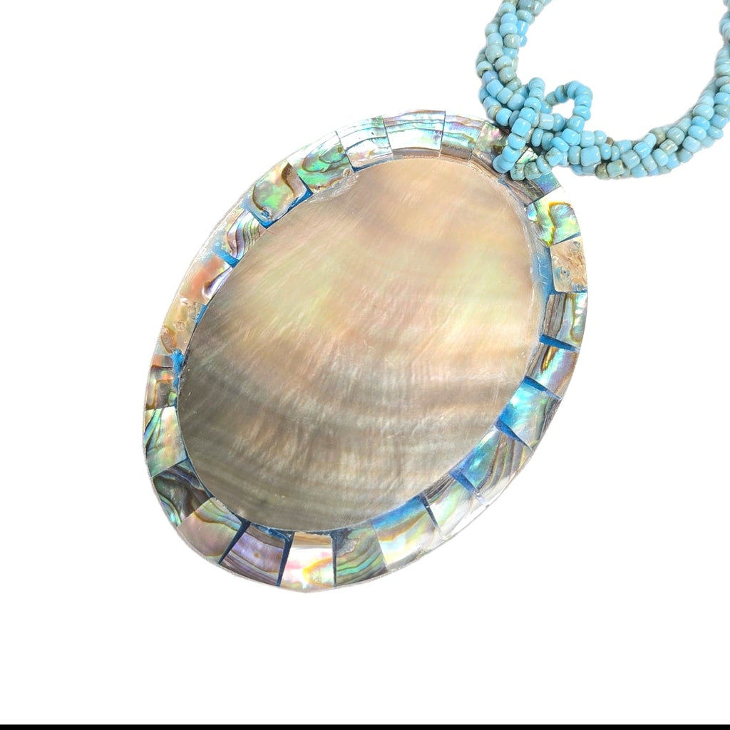Vintage 18" Turquoise Beaded Necklace with Oval Abalone  Pendant