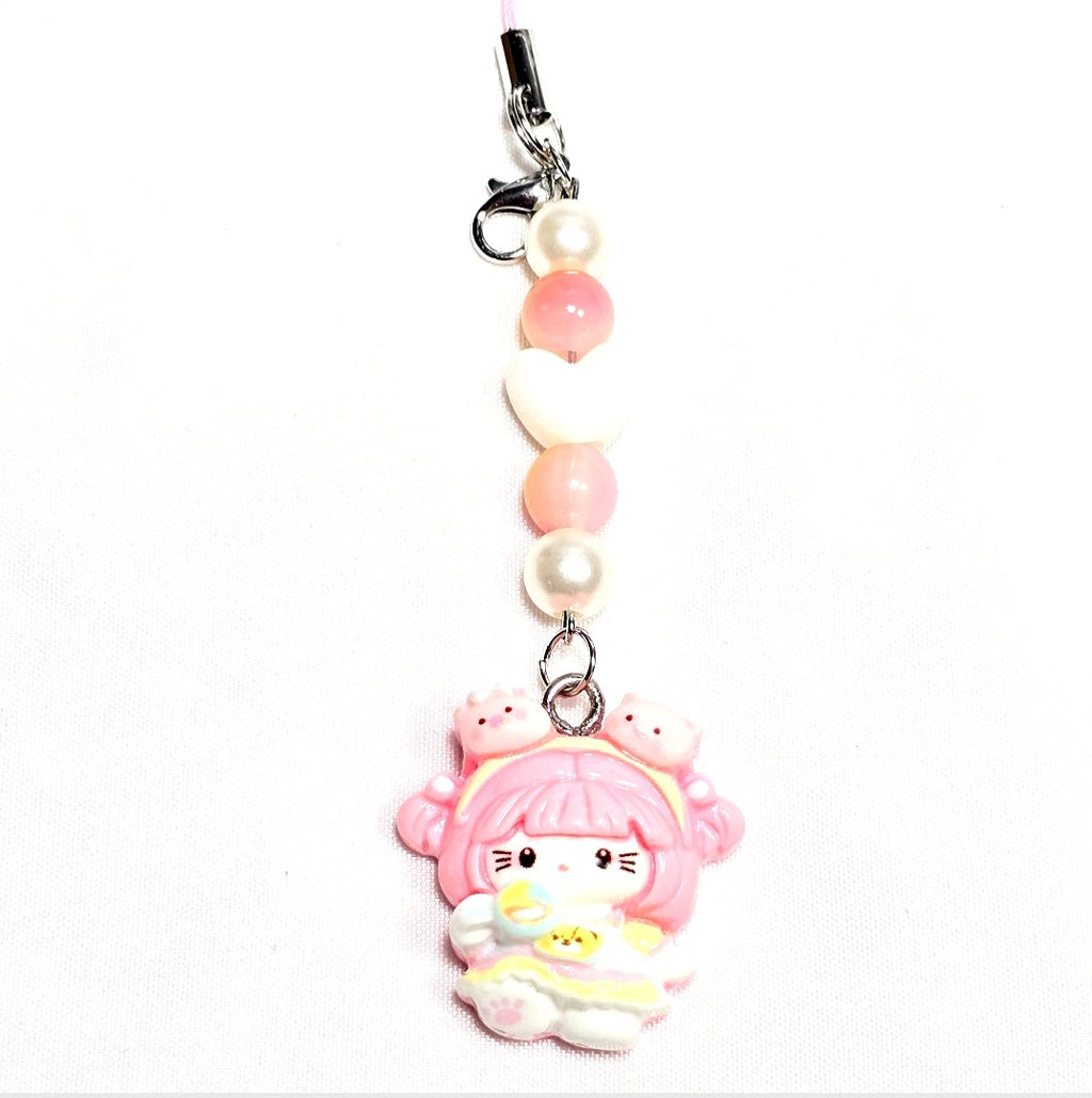 Whimsical Kawaii Beaded Pink Kitty Girl Keychain or Phone Bag Charm