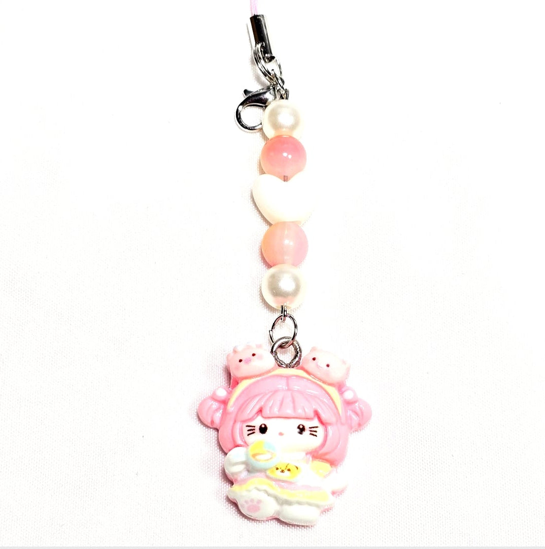 Whimsical Kawaii Beaded Pink Kitty Girl Keychain or Phone Bag Charm