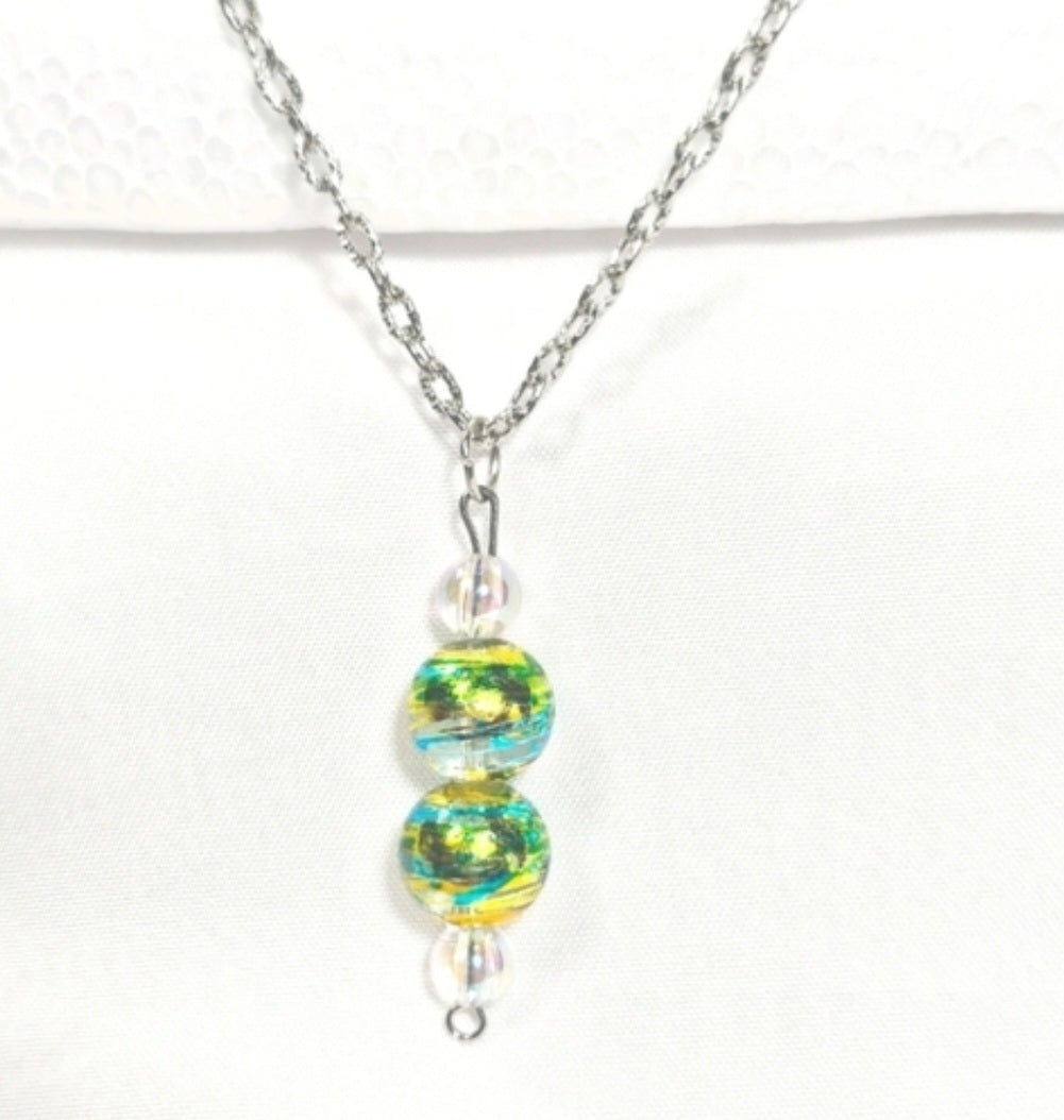 Aqua Blue Yellow Swirl Glass Bead Necklace Earring Set, Murano Style Jewelry