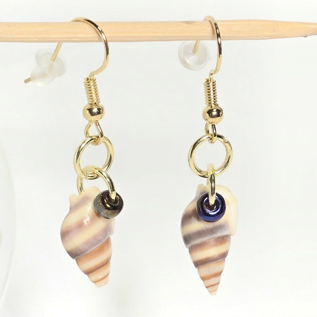 Natural shell earrings : coastal beach statement earrings with glass bead on gold plated hooks