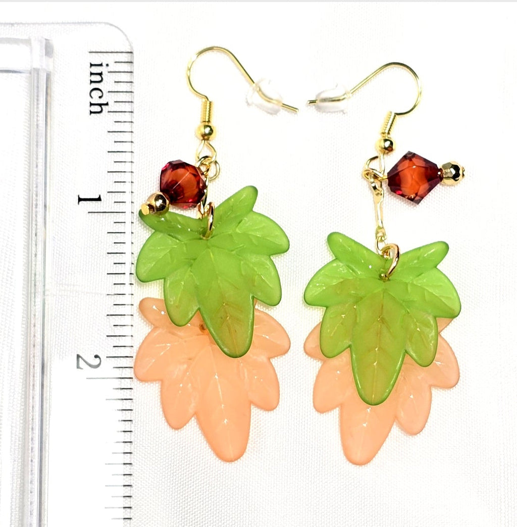 Fall Green and Orange Maple Leaf Dangle Earrings