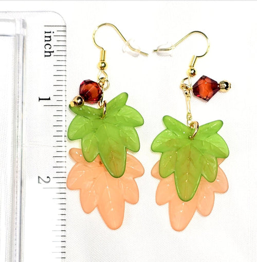 Fall Green and Orange Maple Leaf Dangle Earrings