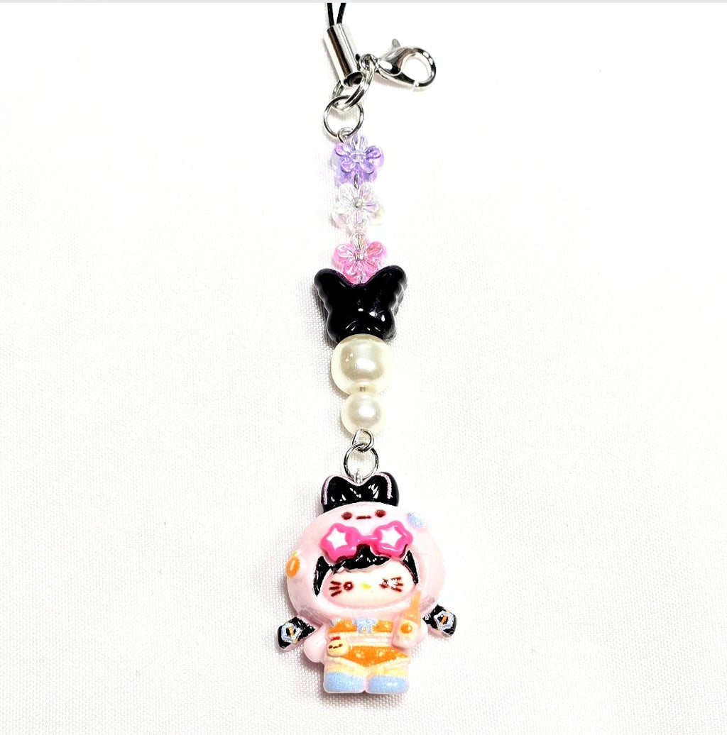 Whimsical Kawaii Beaded Pink Kitty Girl Keychain or Phone Bag Charm