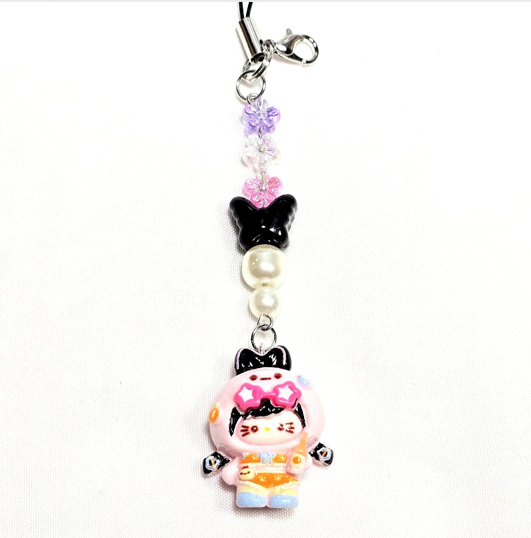 Whimsical Kawaii Beaded Pink Kitty Girl Keychain or Phone Bag Charm