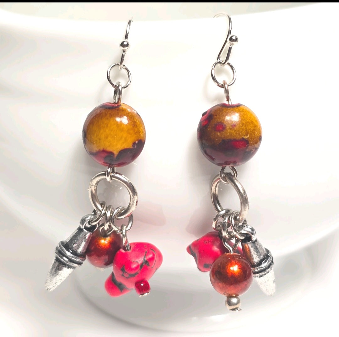 Red Bohemian Chic Rustic Mixed Beaded Statement Earrings. Southwestern Aesthetic