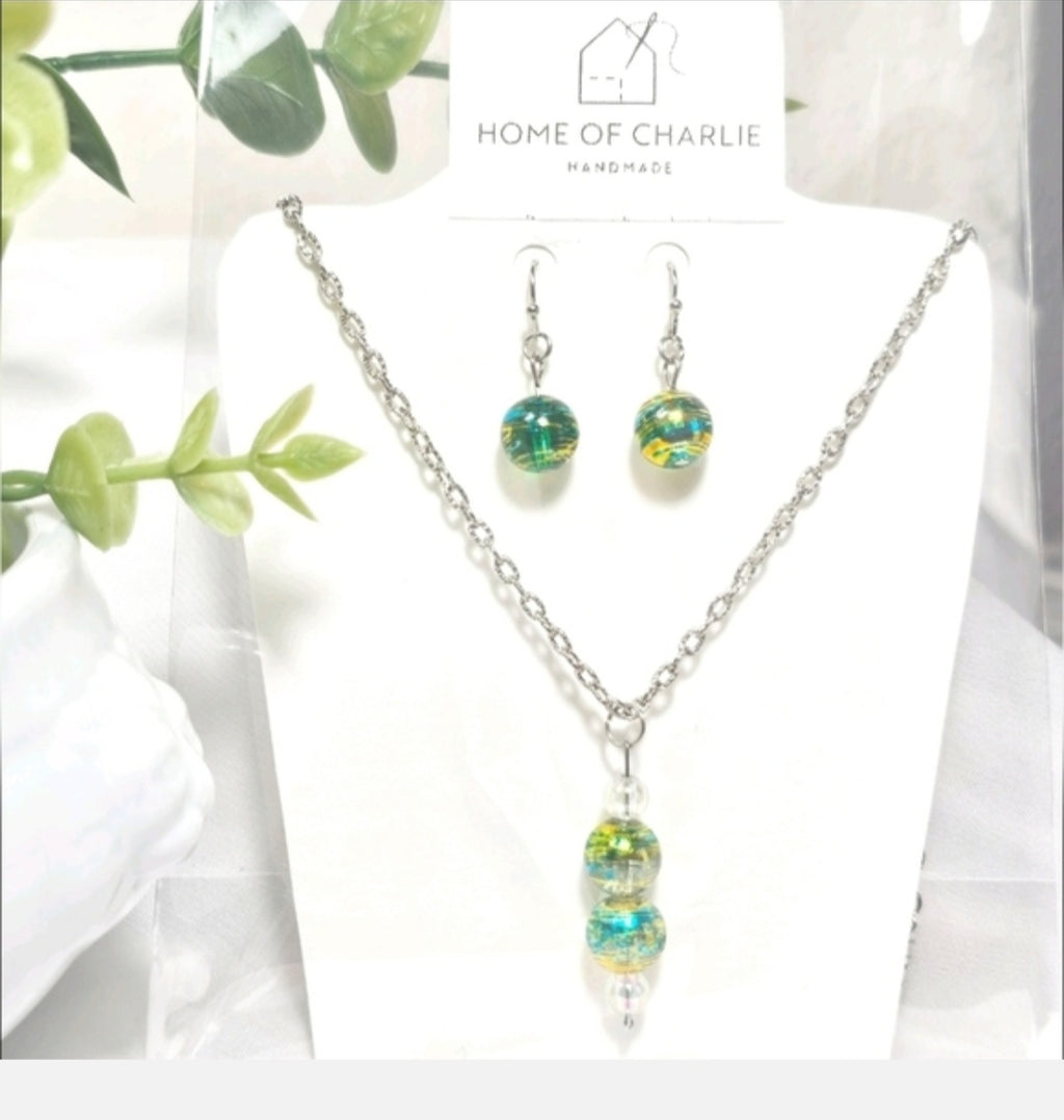 Aqua Blue Yellow Swirl Glass Bead Necklace Earring Set, Murano Style Jewelry