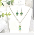 Aqua Blue Yellow Swirl Glass Bead Necklace Earring Set, Murano Style Jewelry