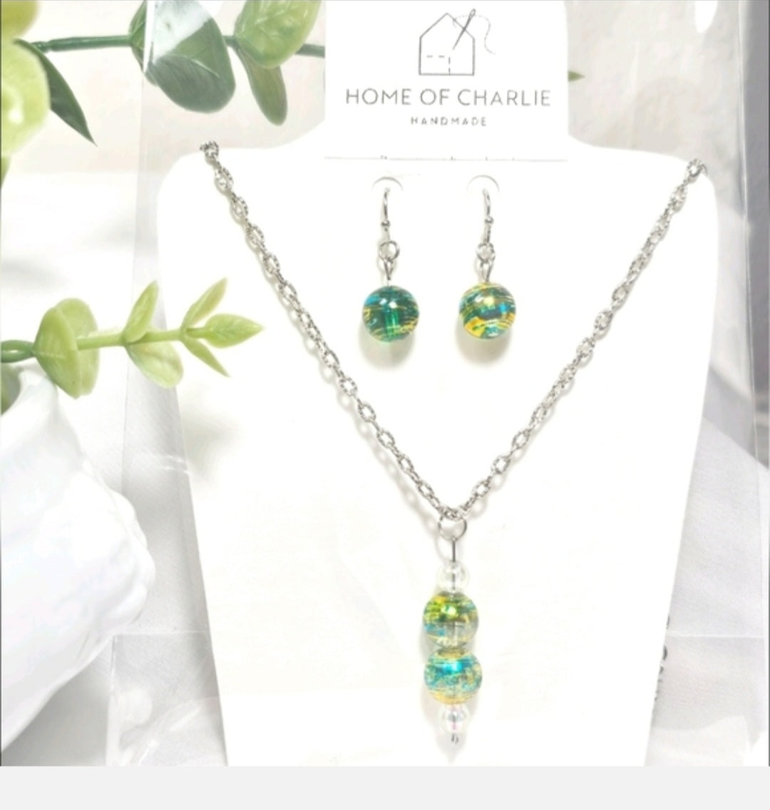 Aqua Blue Yellow Swirl Glass Bead Necklace Earring Set, Murano Style Jewelry