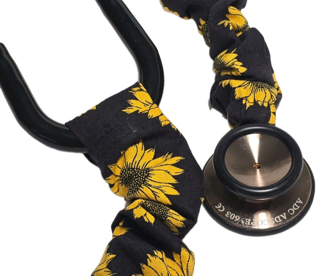 Sunflower Print Stethoscope Cover Scrunchie - Black & Yellow