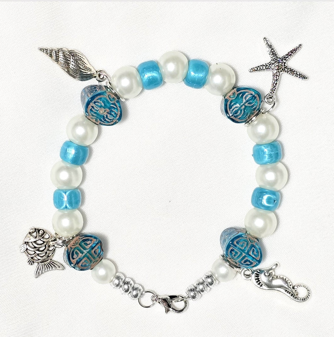Ocean Life Beach Stackable White and Torquiose  Mixed Beaded Stretchy Bracelets