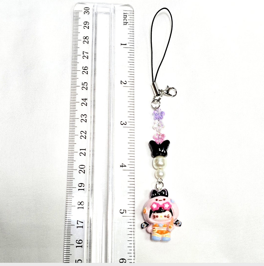Whimsical Kawaii Beaded Pink Kitty Girl Keychain or Phone Bag Charm