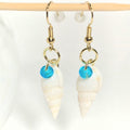 Natural shell earrings : coastal beach statement earrings with torquios glass bead on gold plated hook