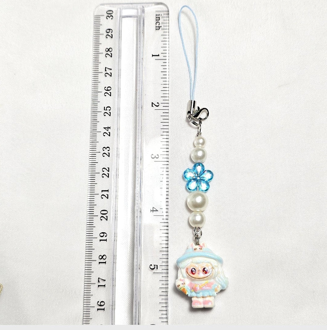 Kawaii Beaded Pastel Blue Monster Girl Phone Charm, Keychain, Bag Accessory
