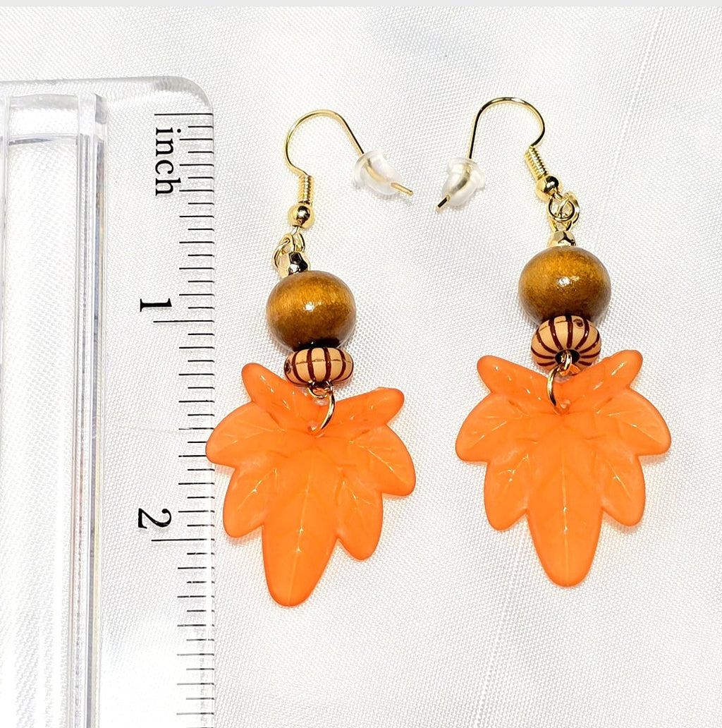 Fall Orange Maple Leaf Dangle Earrings with Wooden Beads
